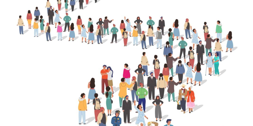 group of people standing in line for covid 19 vaccine injection, flat vector illustration. coronavirus vaccination queue